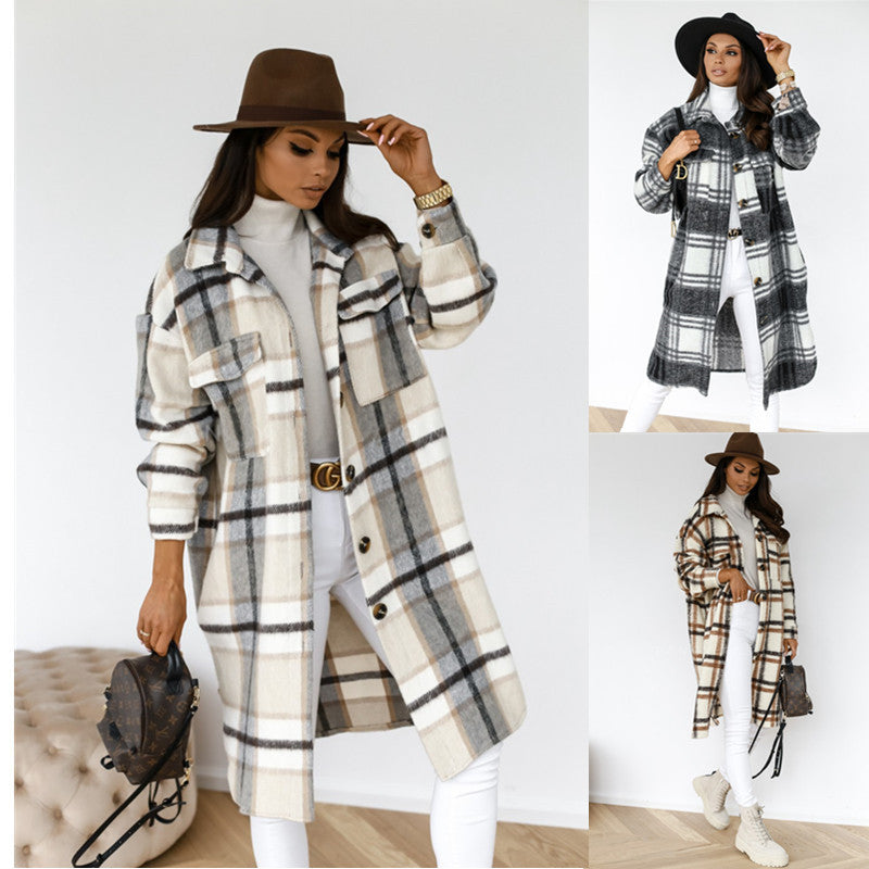 Abrigo de invierno para mujer, de manga larga, con solapa abotonada, informal, cálido, a cuadros
