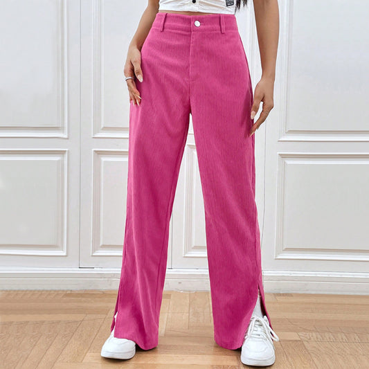 Pantalones rectos de pana de color liso informales a la moda para mujer