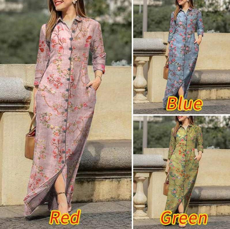 Women Casual Plaid Floral Long Sleeve Lapel Collar Button Maxi Dress