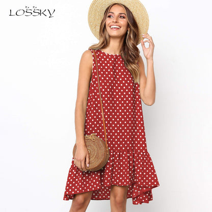 Women Bohemian Summer Polka Dot Sleeveless Ruffled Beach Mini Casual Sundress Fashion Dress