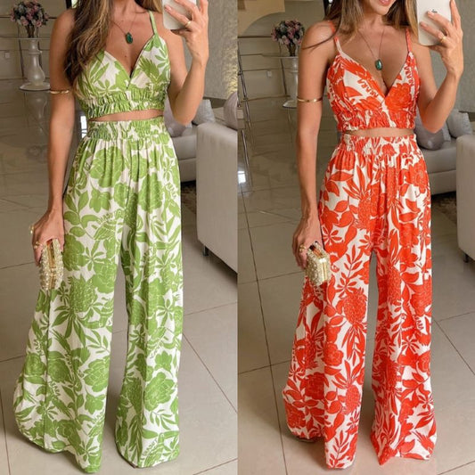 Conjunto de top corto con estampado floral y cuello en V sin mangas para mujer, pantalones casuales de moda para vacaciones de verano