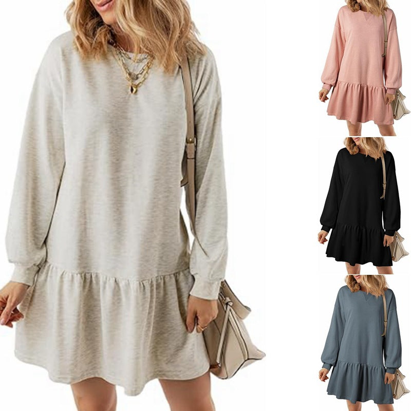 Women Casual Solid Color Round Neck Long Sleeve Dress