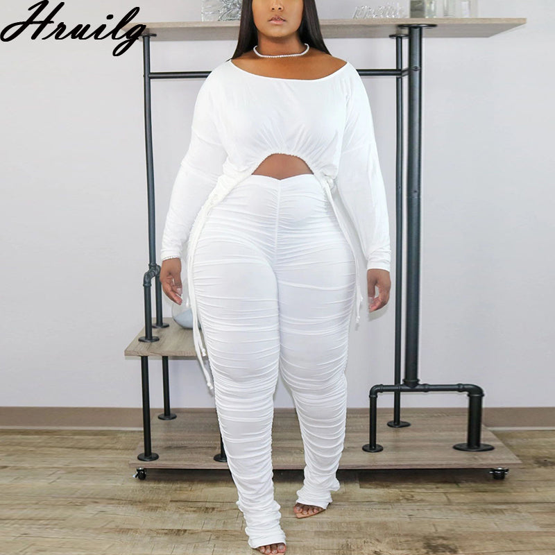 Conjunto de dos piezas de ropa informal para mujer, con top corto de manga larga y pantalones largos fruncidos, color liso