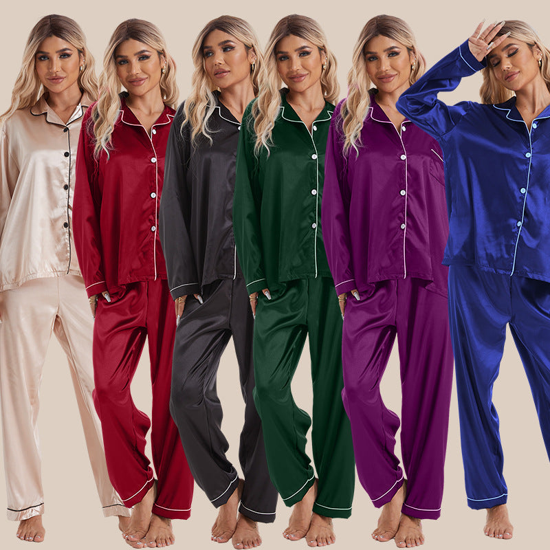 Conjunto de pijama de manga larga de seda helada con solapa informal y sencillo para mujer