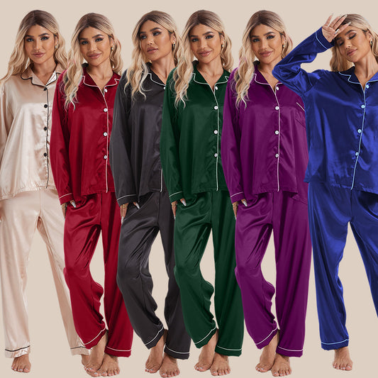 Conjunto de pijama de manga larga de seda helada con solapa informal y sencillo para mujer