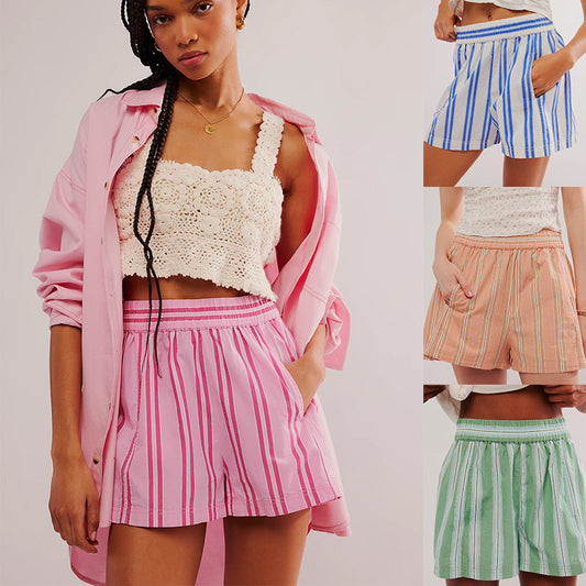 Pantalones cortos casuales de cintura alta con estampado de rayas para mujer