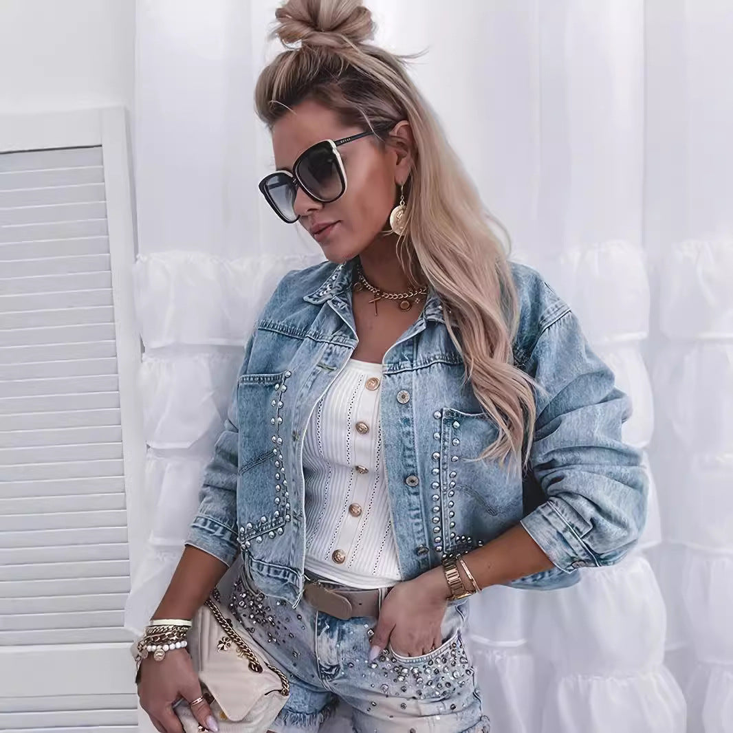 Chaqueta vaquera informal de manga larga con solapa y remaches para mujer