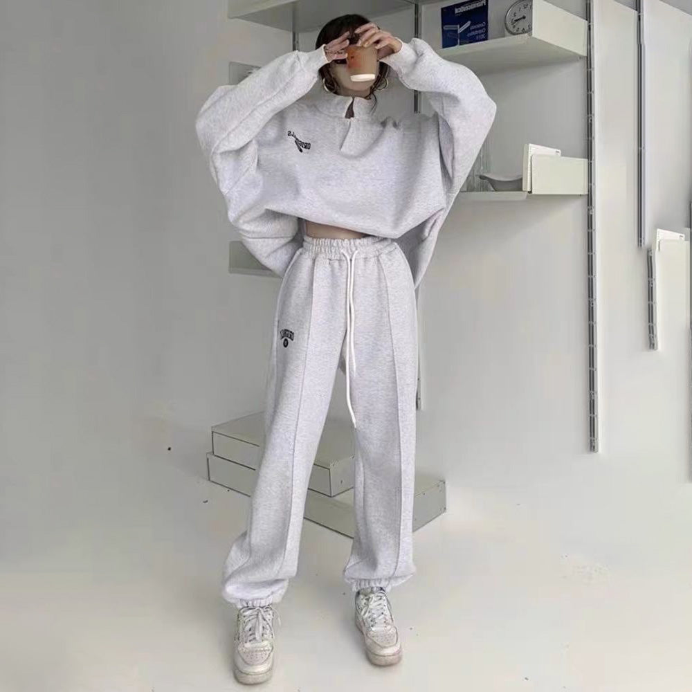 Women Fashion Casual Fleece-Lined Stand Collar Long-Sleeve Top Drawstring Pants Two-Piece Set