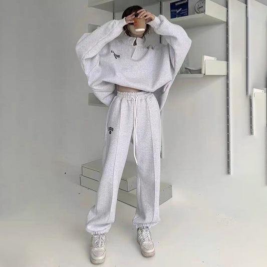 Women Fashion Casual Fleece-Lined Stand Collar Long-Sleeve Top Drawstring Pants Two-Piece Set