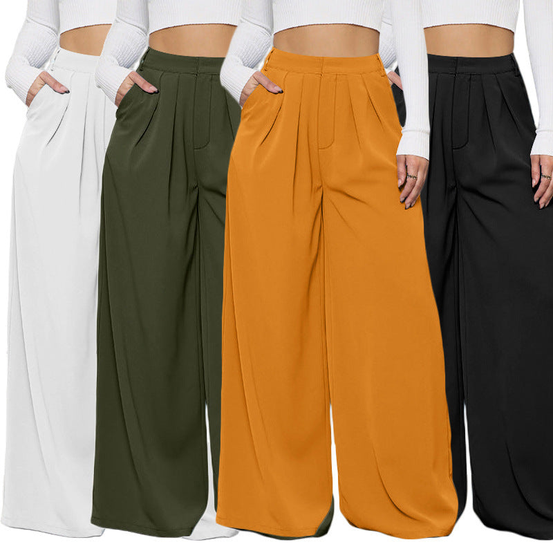 Women Solid Color High Waist Loose Casual Fashion Wide Leg Pants
