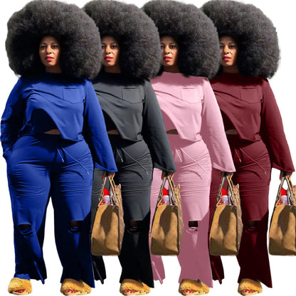 Autumn Plus Size Women Fashion Basic Casual Solid Color Top And Pants Two-piece Set