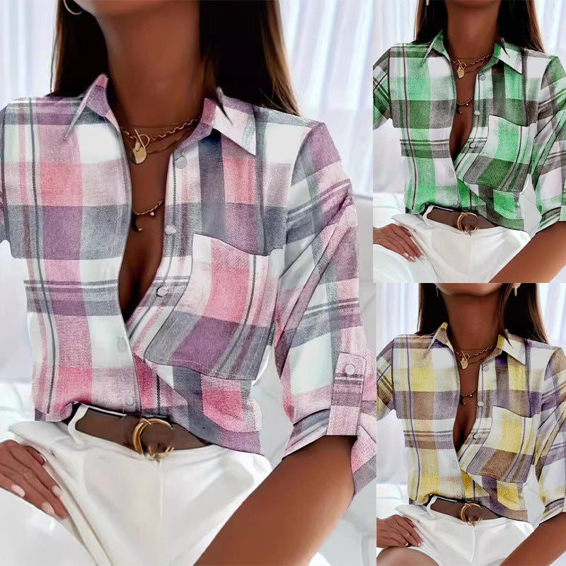 Blusa informal vintage de manga larga a cuadros con solapa y botonadura sencilla para mujer