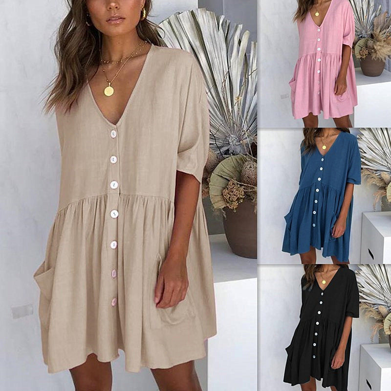 Vestido holgado informal de verano para mujer, con escote en V, botonadura sencilla y manga corta