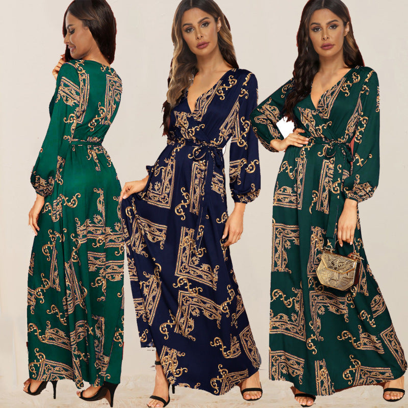 Long Sleeve Dress Women Vintage Boho Style V Neck Casual Maxi Dress