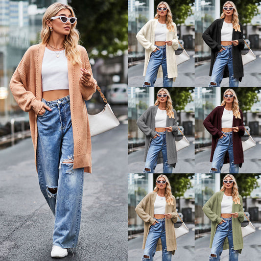 Cárdigan informal de punto de color liso de manga larga para mujer, otoño e invierno, abrigo