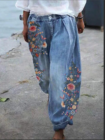 Women'S Fashion Vintage Casual Floral Embroidery Loose Jeans