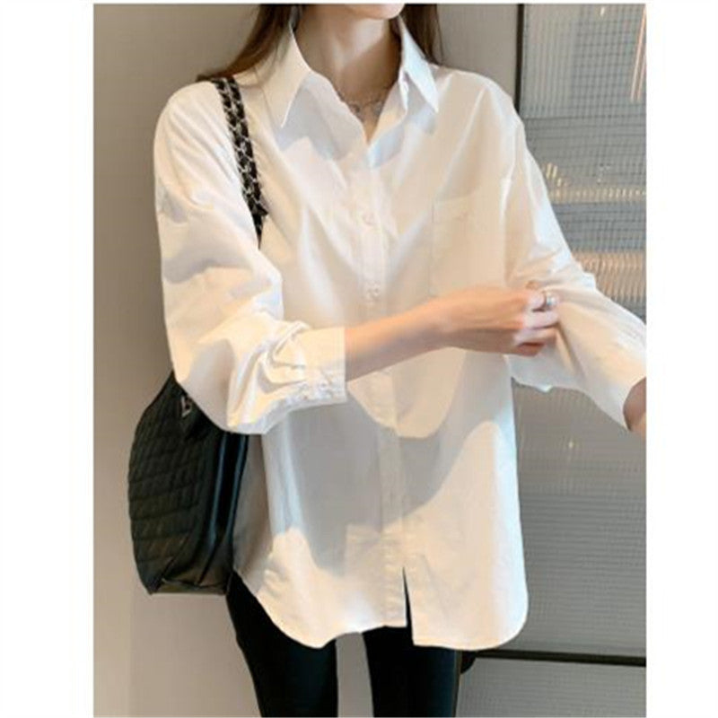 Camisa informal de manga larga con solapa y color liso para mujer