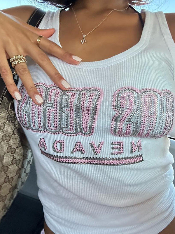 Women Fashion Casual Printed Rhinestone Slim-Fit Tank Top
