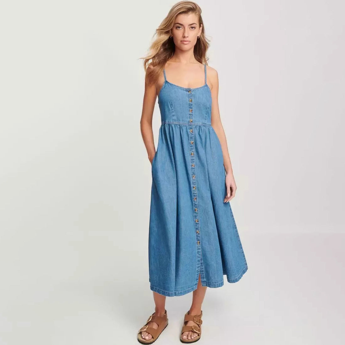 Vestido camisola vaquera informal de moda para mujer, holgado, sin espalda, con una sola botonadura