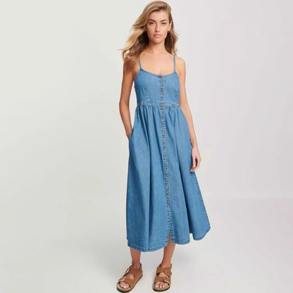 Vestido camisola vaquera informal de moda para mujer, holgado, sin espalda, con una sola botonadura