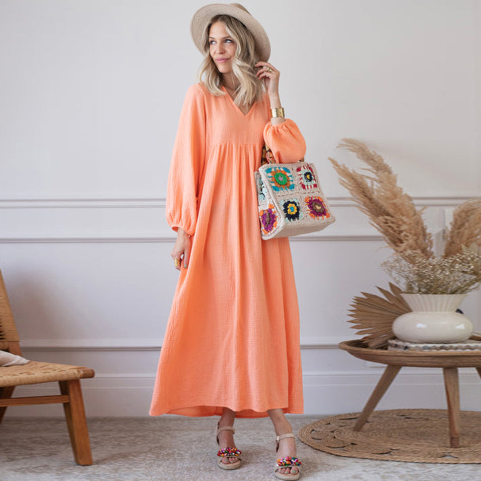 Bohemian Women Casual Solid Color Loose Long Sleeve Maxi Dress