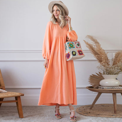 Bohemian Women Casual Solid Color Loose Long Sleeve Maxi Dress
