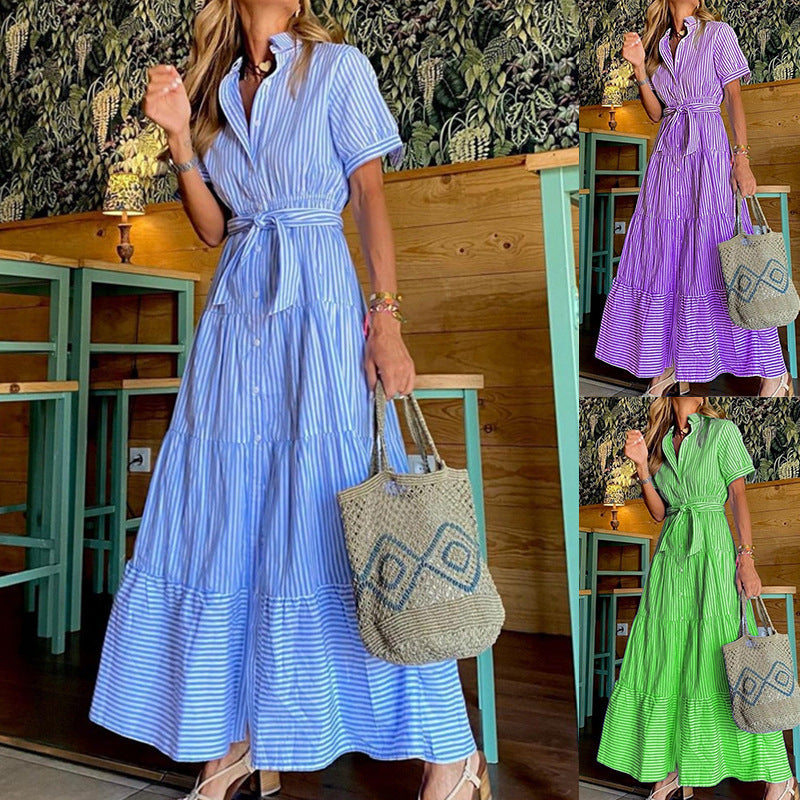Vestido largo informal clásico de rayas con solapa y manga corta para mujer