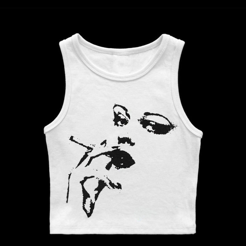 Women Fashion Basic Casual Sleeveless Round Neck Solid Color Printed Crop Tank Top