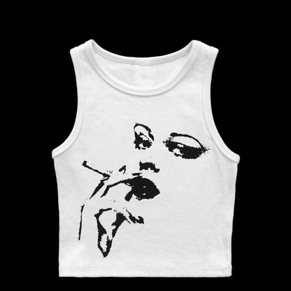 Women Fashion Basic Casual Sleeveless Round Neck Solid Color Printed Crop Tank Top