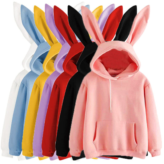 Sudadera con capucha informal de manga larga con orejas de conejo para mujer, color liso, para otoño e invierno