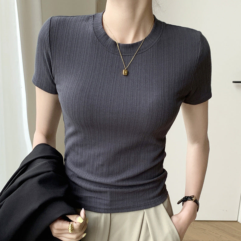 Camiseta básica informal de verano de manga corta con cuello redondo para mujer