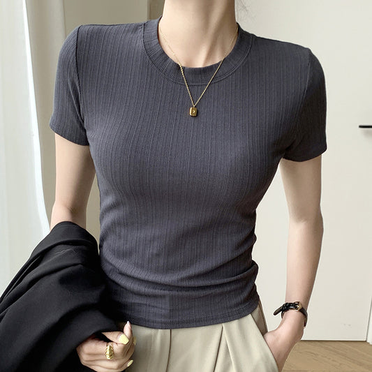 Camiseta básica informal de verano de manga corta con cuello redondo para mujer