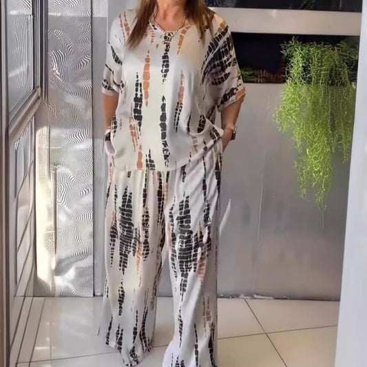 Conjunto de dos piezas de verano para mujer, informal, estampado, cuello redondo, manga corta, pantalones anchos y parte superior