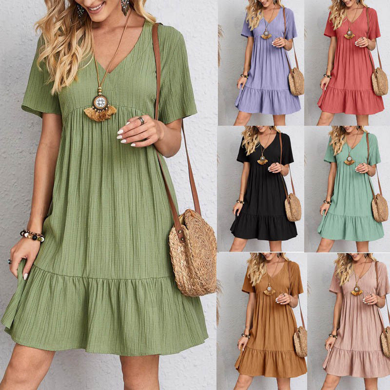 Summer Women'S Casual Solid Color Loose Short-Sleeved Dress