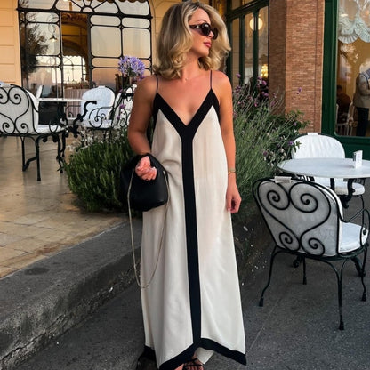 Women Summer Holiday Style Elegant Contrast V-Neck Spaghetti Sling Casual Maxi Dress
