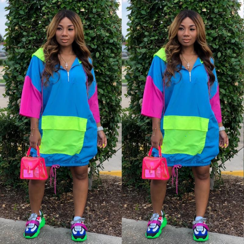 Casual Women Color Blocking Loose Pocket Hooded Dress