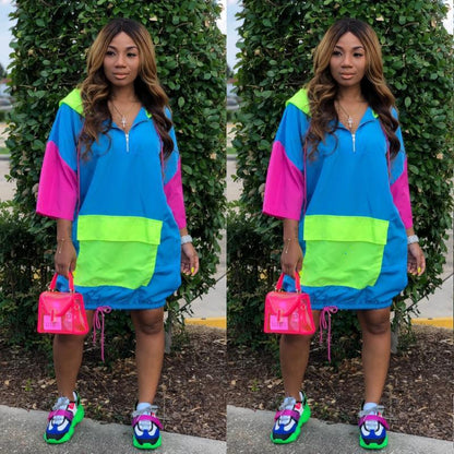 Casual Women Color Blocking Loose Pocket Hooded Dress