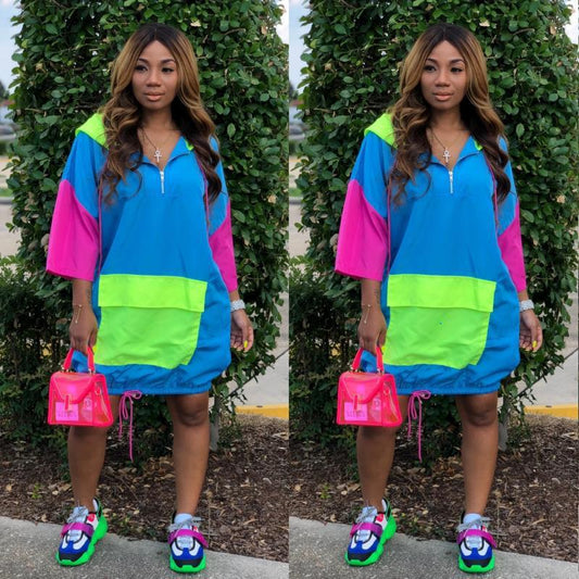 Casual Women Color Blocking Loose Pocket Hooded Dress