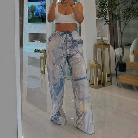 Women Fashion Casual Printed Elastic Drawstring Loose Pants