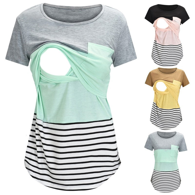 Summer Pregnant Women Fashion Casual Stripe Stitching Short Sleeve Breastfeeding Top