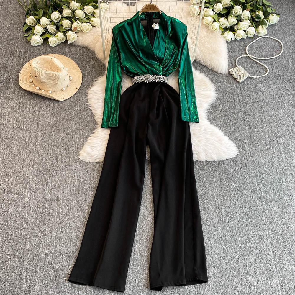 Women Fashion Casual Contrast Color V-Neck Long-Sleeve Tight Waist Wide Leg Jumpsuits