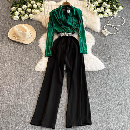 Women Fashion Casual Contrast Color V-Neck Long-Sleeve Tight Waist Wide Leg Jumpsuits