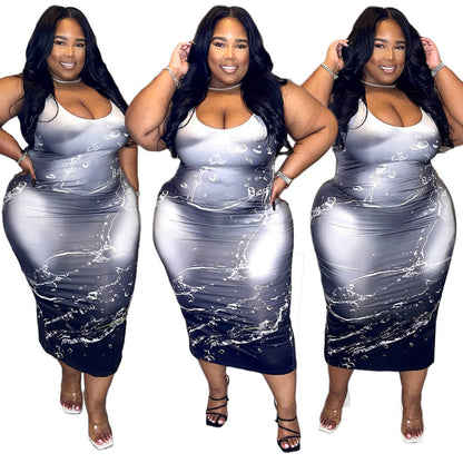Women Fashion Casual Plus Size Round Neck Printed Sleeveless Dress
