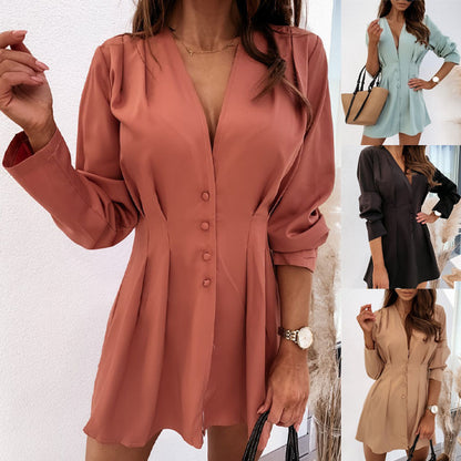 Women Autumn Elegant V-neck Solid Color Button Long-sleeved Casual Dress