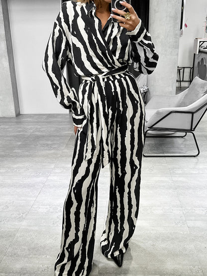 Conjunto de dos piezas de pantalón holgado con solapa y manga larga con estampado de rayas de cebra para mujer