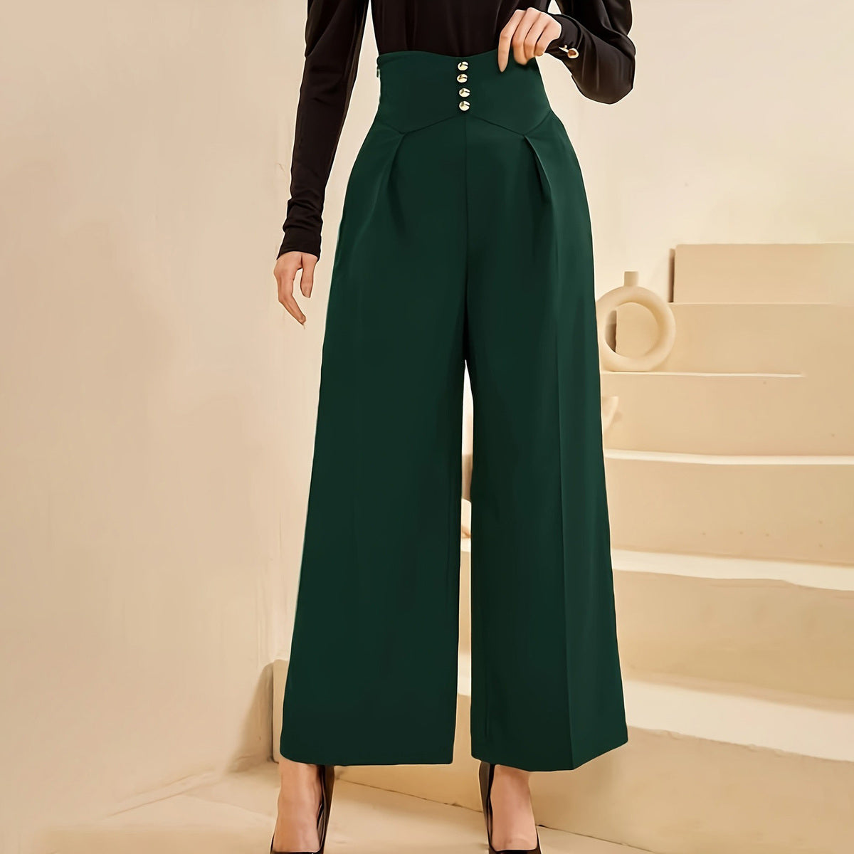 Women Fashion Casual Plus Size Solid Color High Waist Wide Leg Buckle Pants