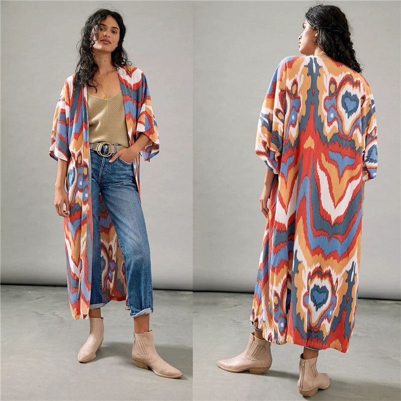 Chaqueta tipo cárdigan larga con estampado gráfico informal a la moda para mujer
