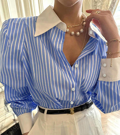 Blusa informal de manga larga con solapa y rayas para mujer