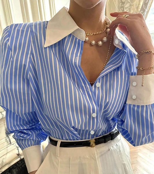 Blusa informal de manga larga con solapa y rayas para mujer