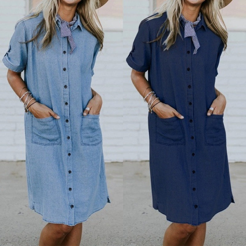 Women Solid Denim Lapel Short Sleeve Button Pocket Loose Casual Dress